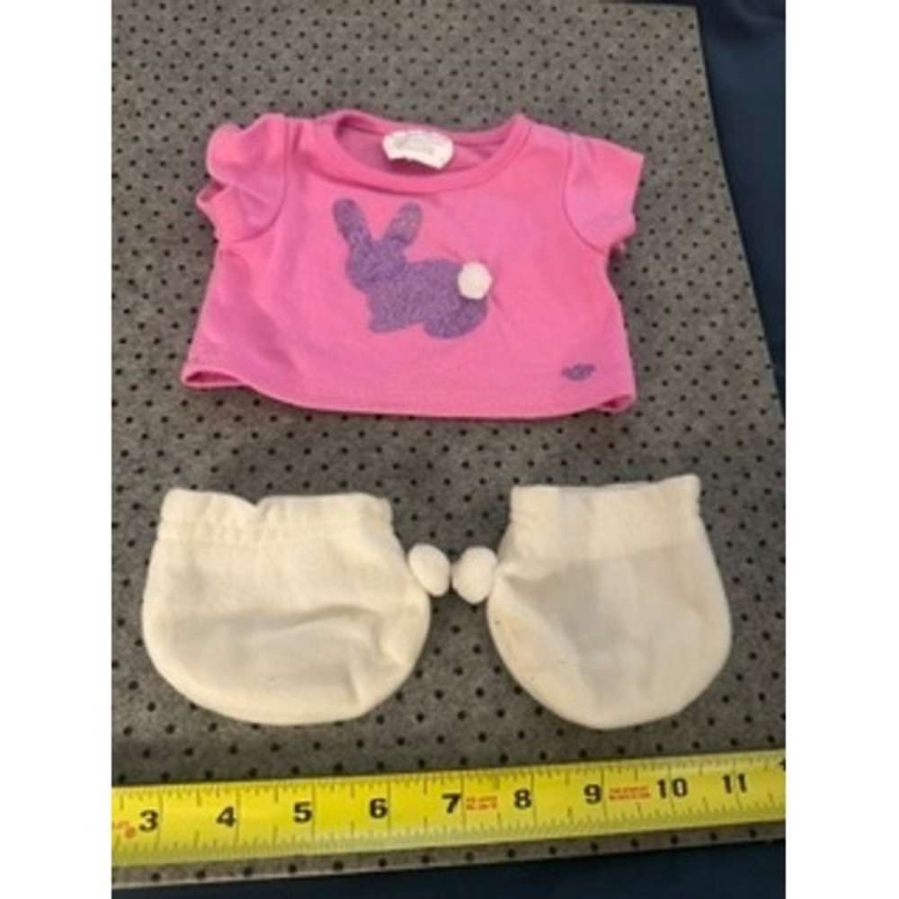 Build-A-Bear Workshop Pink Bunny Glitter Shirt and White Pom Pom Slippers Set